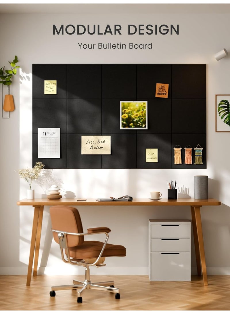 Tanyaz 6 Pack Felt Wall Tiles with Pushpins, Cork Boards for Walls Pin Board Bulletin Board Office Decor (Black) - Image 2